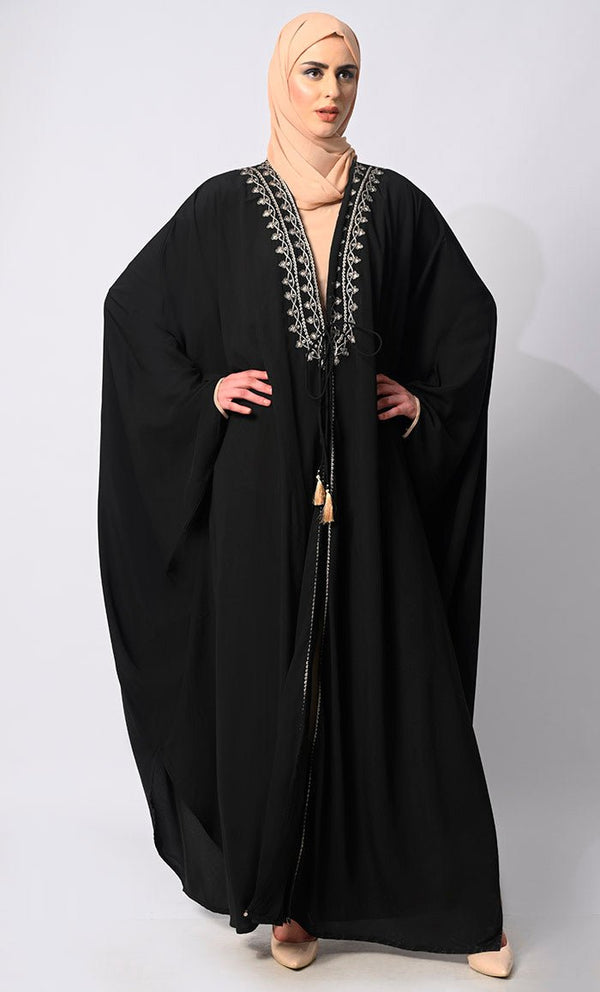 Sophisticated Embroidery and Handcrafted Black Kaftan inspired Shrug with Lining - EastEssence.com