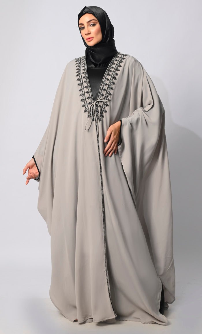 Sophisticated Embroidery and Handcrafted Grey Kaftan inspired Shrug with Lining - EastEssence.com