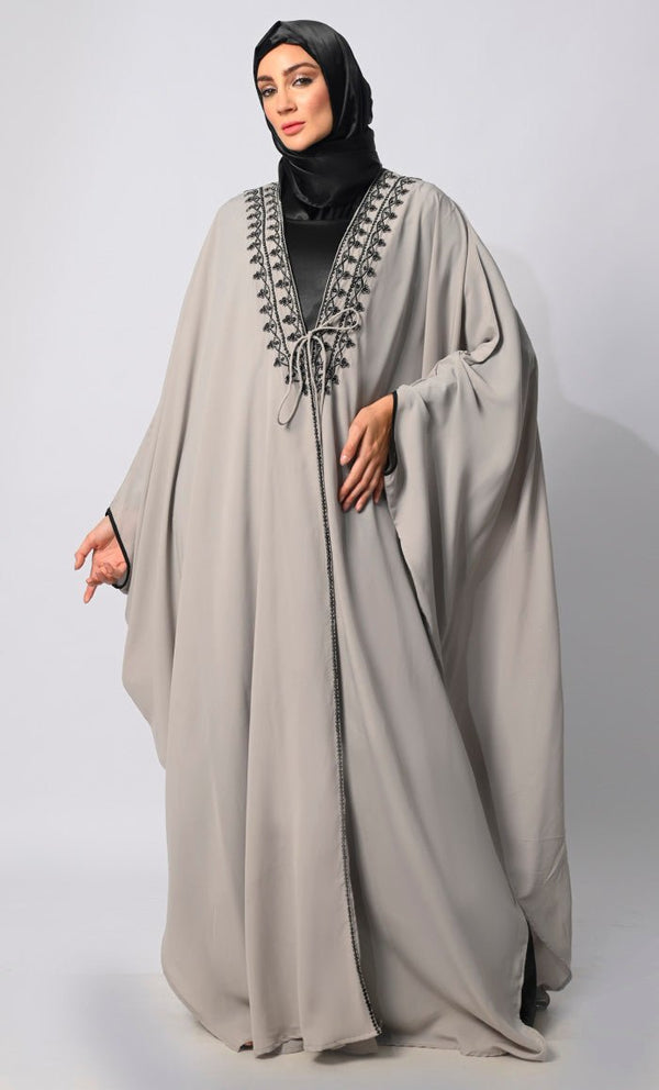 Sophisticated Embroidery and Handcrafted Grey Kaftan inspired Shrug with Lining - EastEssence.com