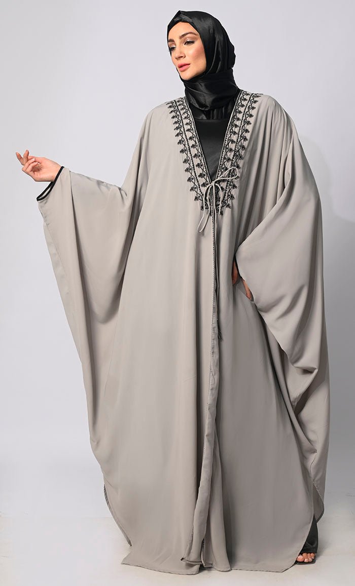 Sophisticated Embroidery and Handcrafted Grey Kaftan inspired Shrug with Lining - EastEssence.com