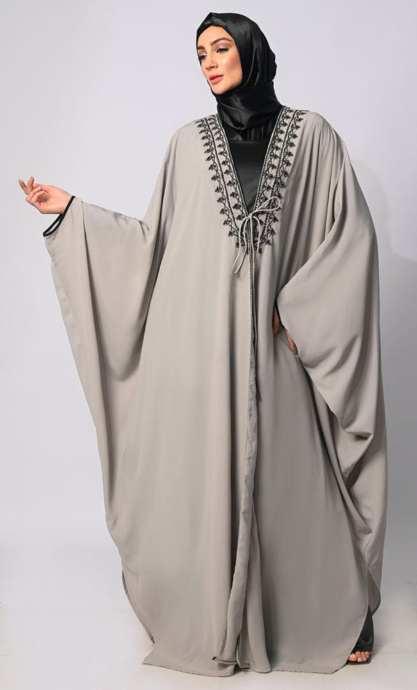 Sophisticated Embroidery and Handcrafted Grey Kaftan inspired Shrug with Lining - EastEssence.com