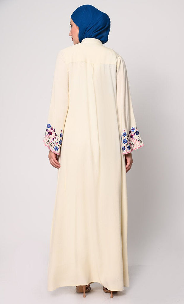 Sophisticated Hidden Placket Cream Abaya with Silk Embroidery - EastEssence.com