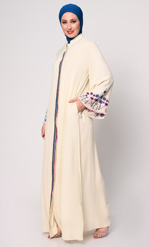 Sophisticated Hidden Placket Cream Abaya with Silk Embroidery - EastEssence.com