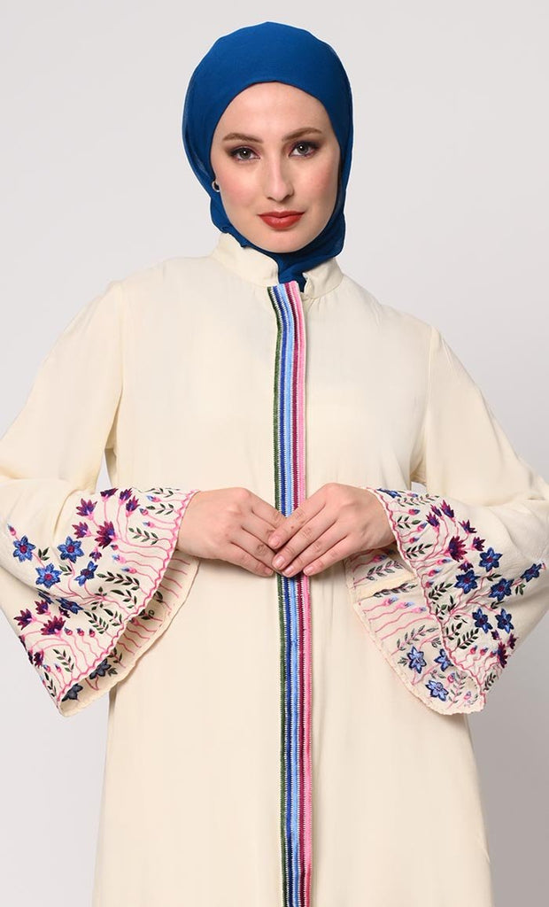 Sophisticated Hidden Placket Cream Abaya with Silk Embroidery - EastEssence.com