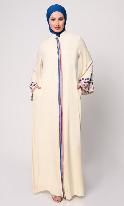 Sophisticated Hidden Placket Cream Abaya with Silk Embroidery - EastEssence.com