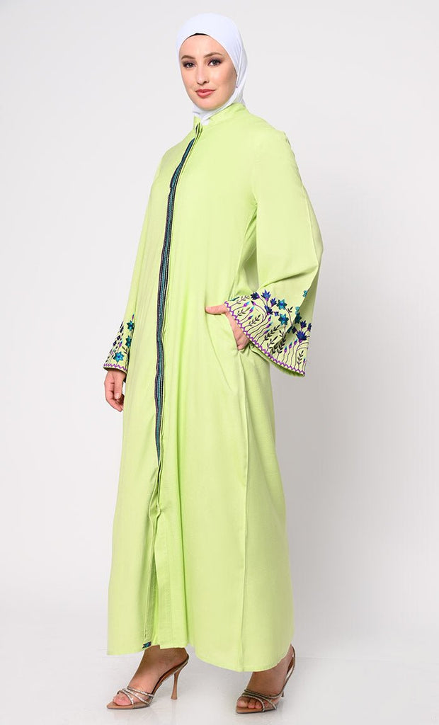 Sophisticated Hidden Placket Pista Green Abaya with Silk Embroidery - EastEssence.com