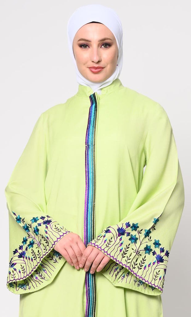 Sophisticated Hidden Placket Pista Green Abaya with Silk Embroidery - EastEssence.com