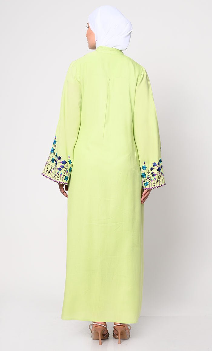 Sophisticated Hidden Placket Pista Green Abaya with Silk Embroidery - EastEssence.com