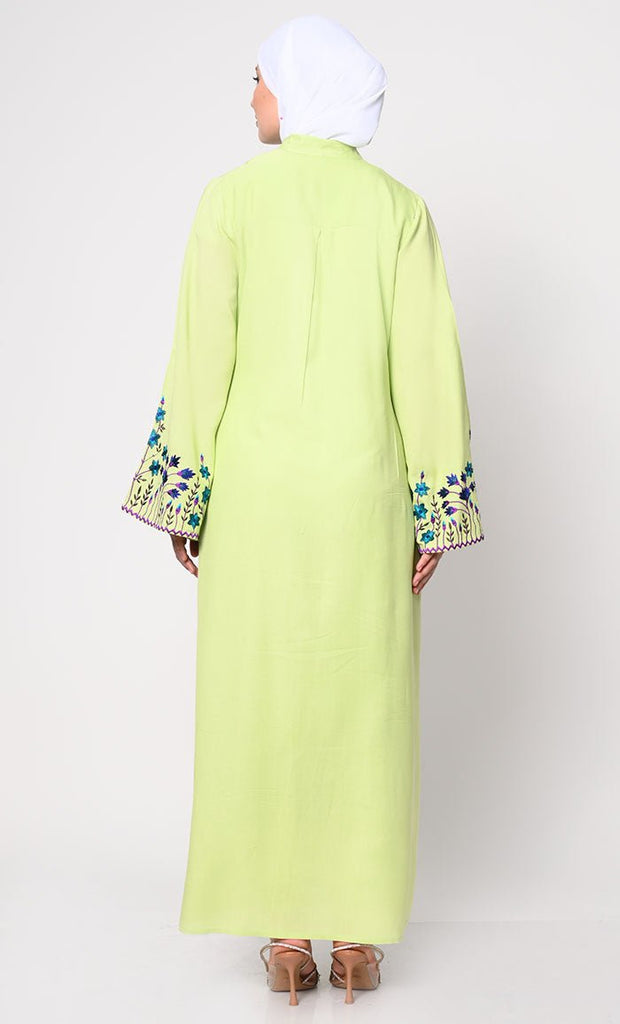 Sophisticated Hidden Placket Pista Green Abaya with Silk Embroidery - EastEssence.com