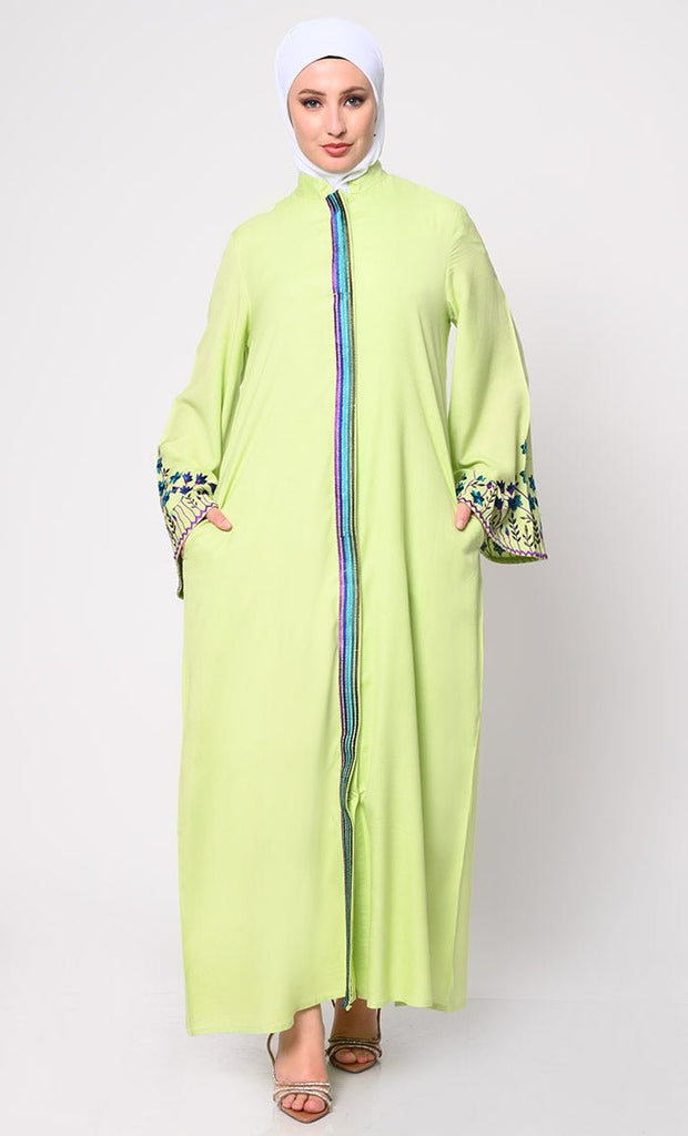 Sophisticated Hidden Placket Pista Green Abaya with Silk Embroidery - EastEssence.com