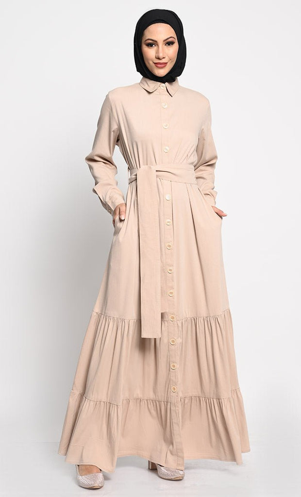 Sophisticated Korean Twill Fabric Abaya with Adjustable Belt and Pleated Panels - EastEssence.com