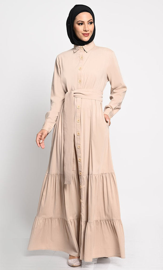 Sophisticated Korean Twill Fabric Abaya with Adjustable Belt and Pleated Panels - EastEssence.com