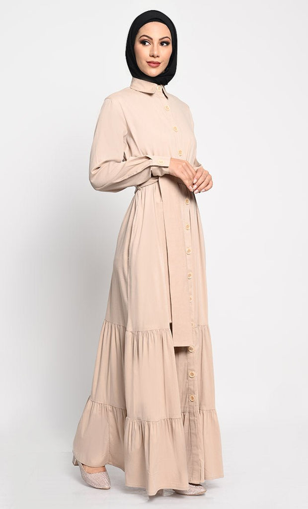 Sophisticated Korean Twill Fabric Abaya with Adjustable Belt and Pleated Panels - EastEssence.com