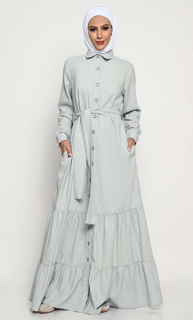 Sophisticated Korean Twill Fabric Button Opening Abaya with Adjustable Belt - EastEssence.com