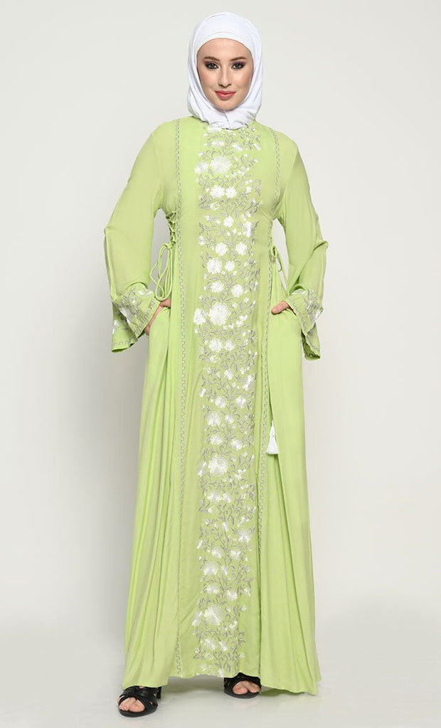 Sophisticated Rayon A - Line Abaya with Full - Length Floral Embroidery and Adjustable Side Ties - EastEssence.com