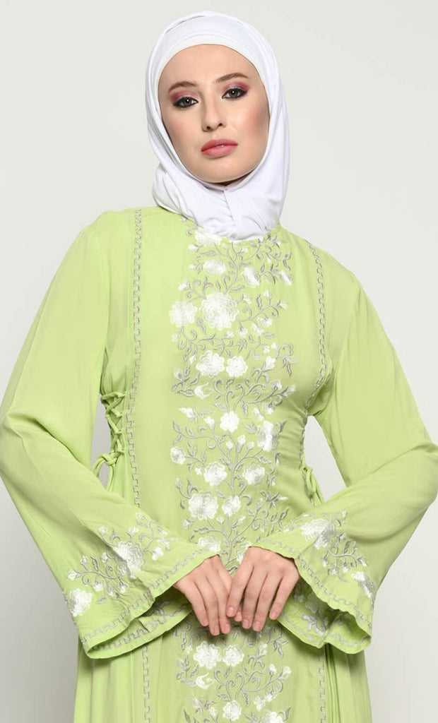 Sophisticated Rayon A - Line Abaya with Full - Length Floral Embroidery and Adjustable Side Ties - EastEssence.com