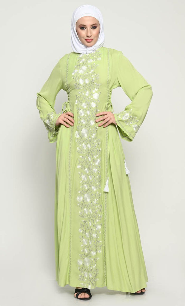 Sophisticated Rayon A - Line Abaya with Full - Length Floral Embroidery and Adjustable Side Ties - EastEssence.com