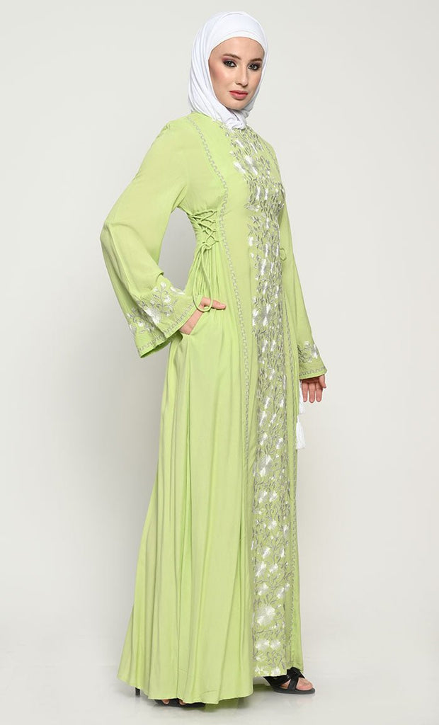 Sophisticated Rayon A - Line Abaya with Full - Length Floral Embroidery and Adjustable Side Ties - EastEssence.com