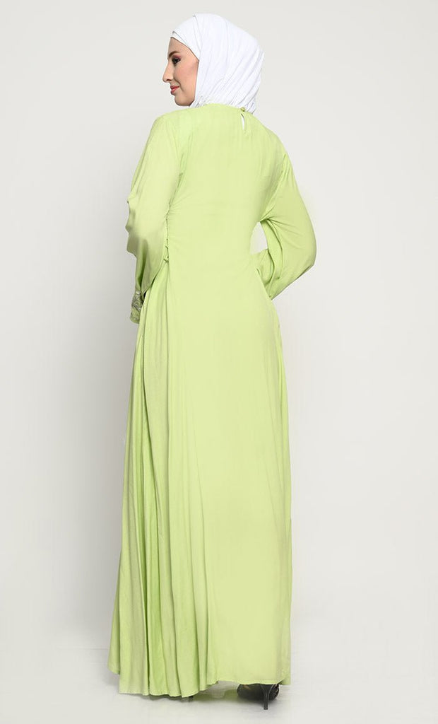 Sophisticated Rayon A - Line Abaya with Full - Length Floral Embroidery and Adjustable Side Ties - EastEssence.com