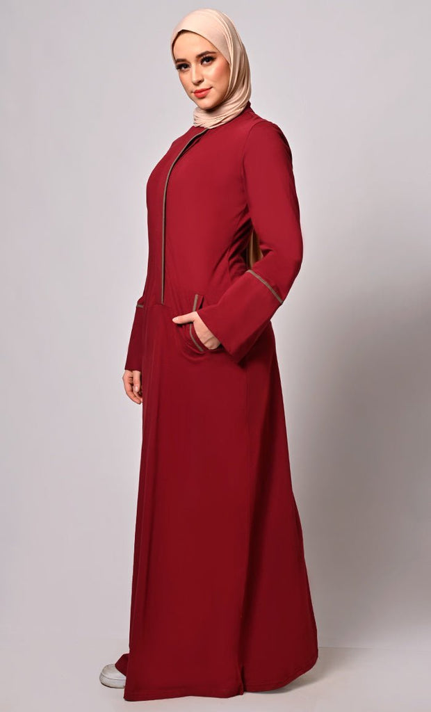 Stay Active in Style: Maroon Abaya with Pockets - Final Sale - EastEssence.com