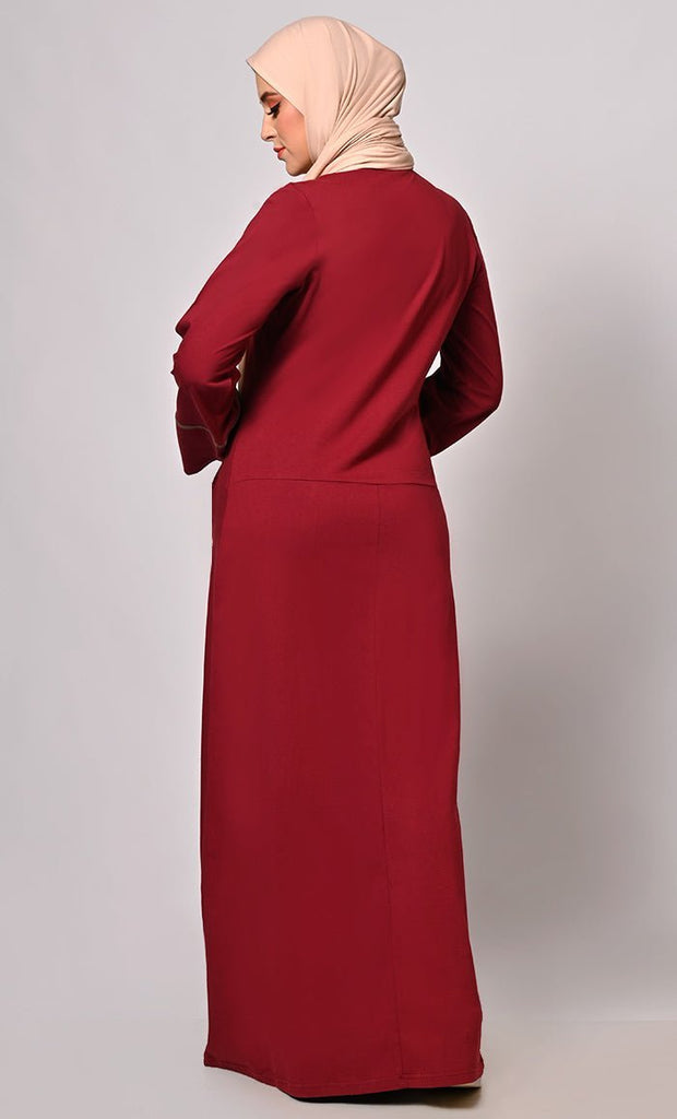 Stay Active in Style: Maroon Abaya with Pockets - Final Sale - EastEssence.com