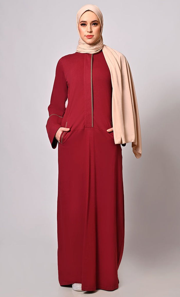 Stay Active in Style: Maroon Abaya with Pockets - Final Sale - EastEssence.com