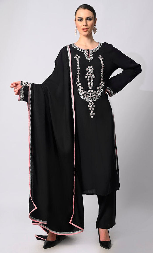 Stitched to Shine: Sequined Black Salwar Kameez with Dupatta 3Pc Set - EastEssence.com