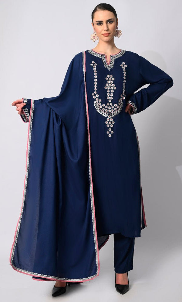 Stitched to Shine: Sequined Navy Salwar Kameez with Dupatta 3Pc Set - EastEssence.com