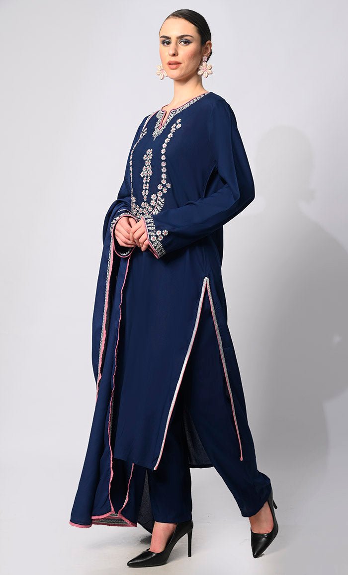 Stitched to Shine: Sequined Navy Salwar Kameez with Dupatta 3Pc Set - EastEssence.com