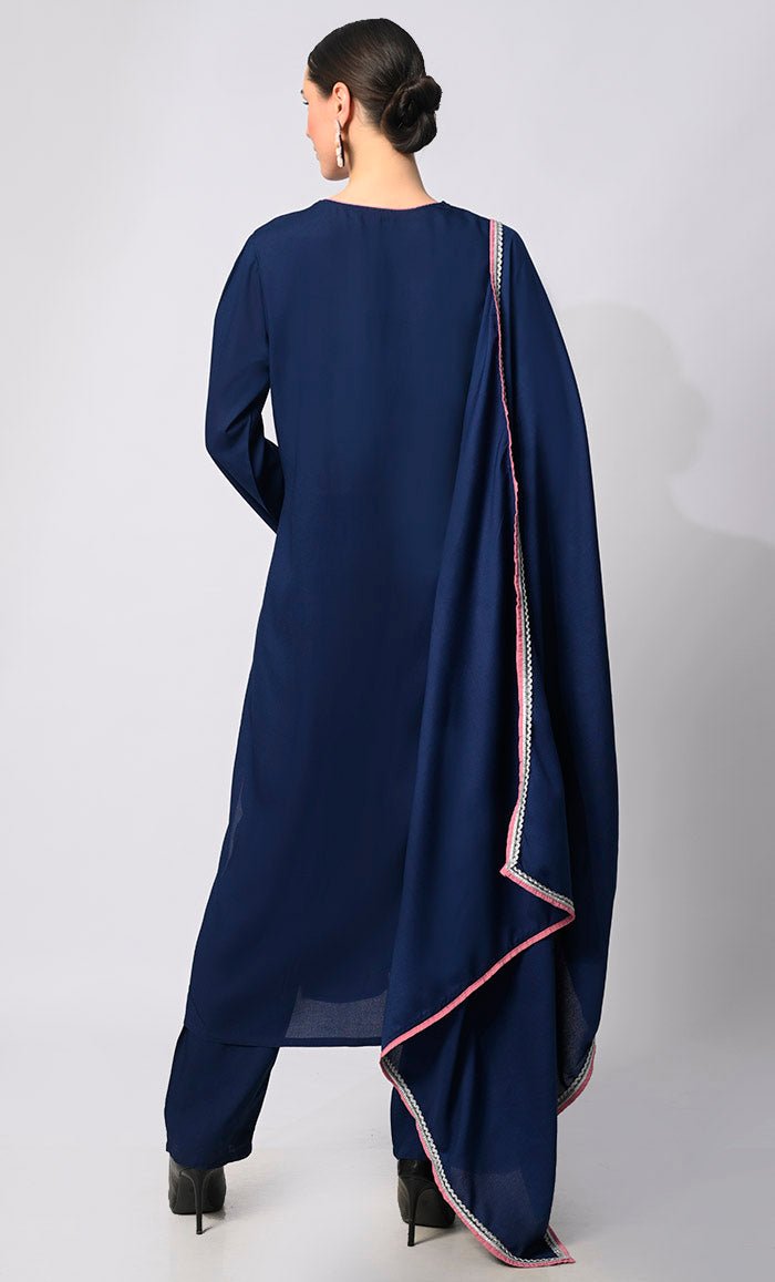 Stitched to Shine: Sequined Navy Salwar Kameez with Dupatta 3Pc Set - EastEssence.com