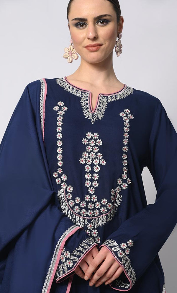 Stitched to Shine: Sequined Navy Salwar Kameez with Dupatta 3Pc Set - EastEssence.com