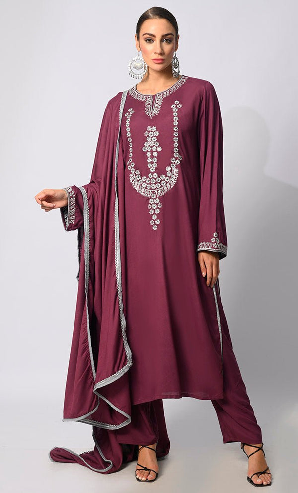 Stitched to Shine: Sequined Wine Salwar Kameez with Dupatta 3Pc Set - EastEssence.com