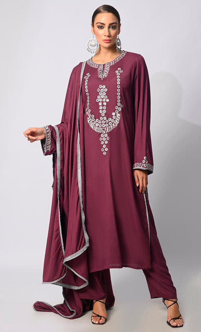 Stitched to Shine: Sequined Wine Salwar Kameez with Dupatta 3Pc Set - EastEssence.com