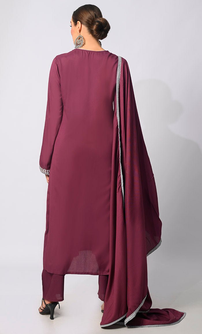 Stitched to Shine: Sequined Wine Salwar Kameez with Dupatta 3Pc Set - EastEssence.com