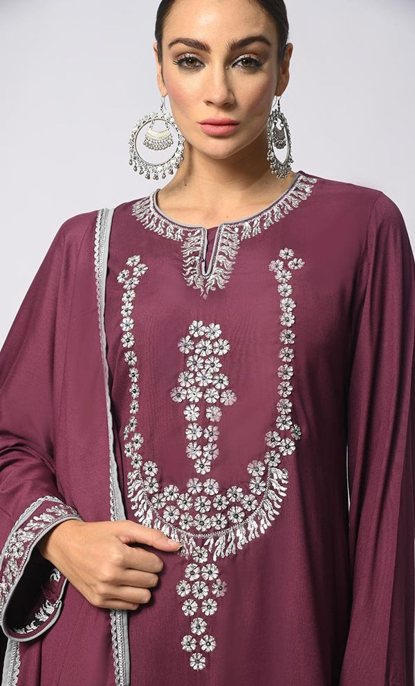 Stitched to Shine: Sequined Wine Salwar Kameez with Dupatta 3Pc Set - EastEssence.com