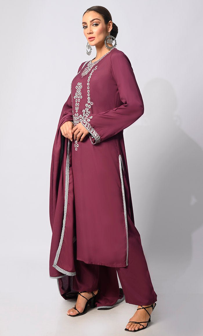 Stitched to Shine: Sequined Wine Salwar Kameez with Dupatta 3Pc Set - EastEssence.com