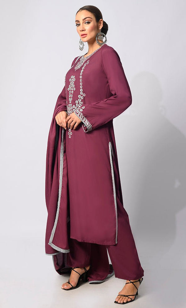 Stitched to Shine: Sequined Wine Salwar Kameez with Dupatta 3Pc Set - EastEssence.com