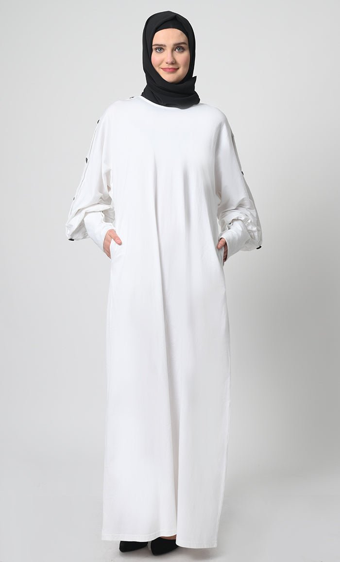 Straight Cut Cotton Jersey Abaya ??Round Neck, Button Cuff Sleeves - EastEssence.com