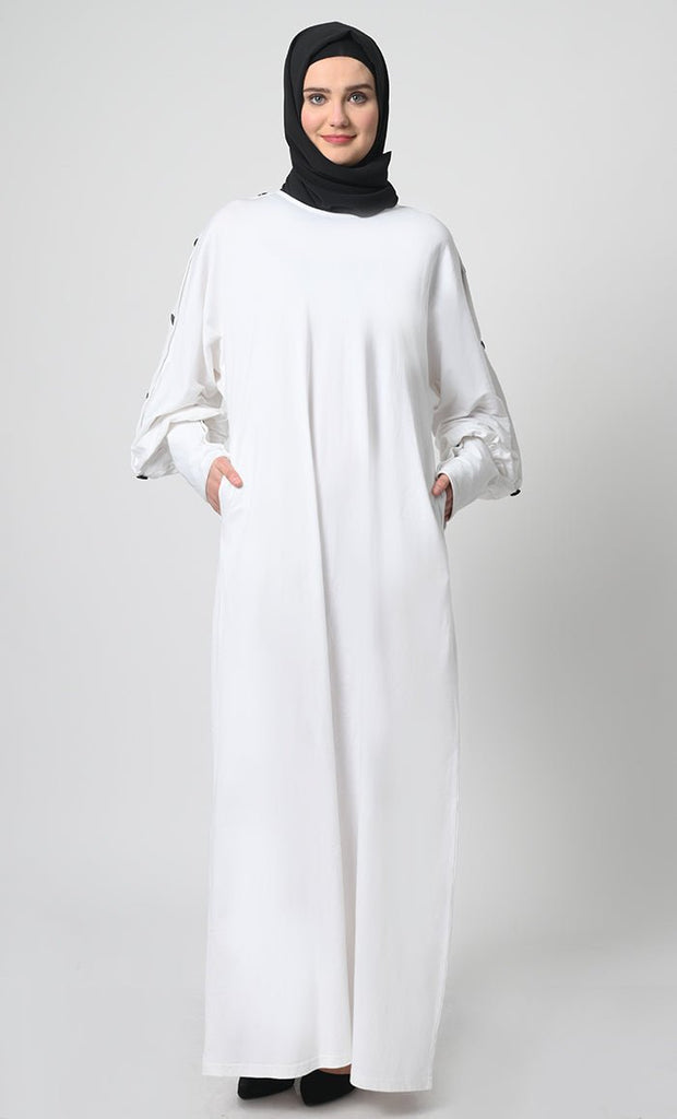 Straight Cut Cotton Jersey Abaya – Round Neck, Button Cuff Sleeves - EastEssence.com