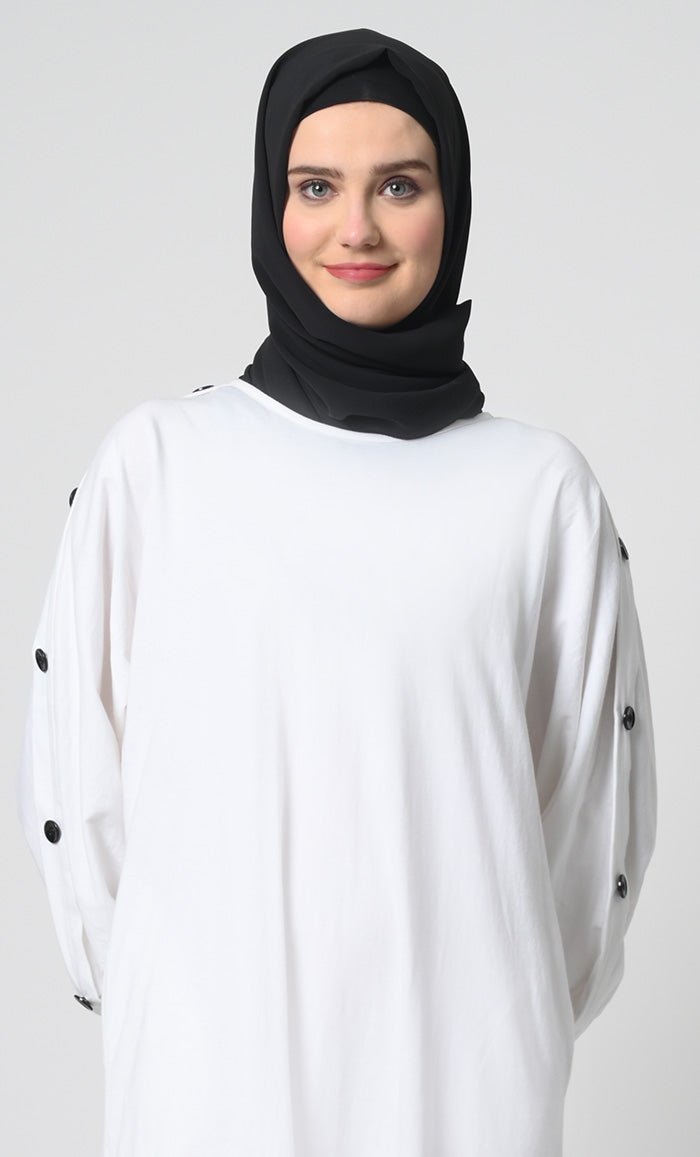 Straight Cut Cotton Jersey Abaya ??Round Neck, Button Cuff Sleeves - EastEssence.com