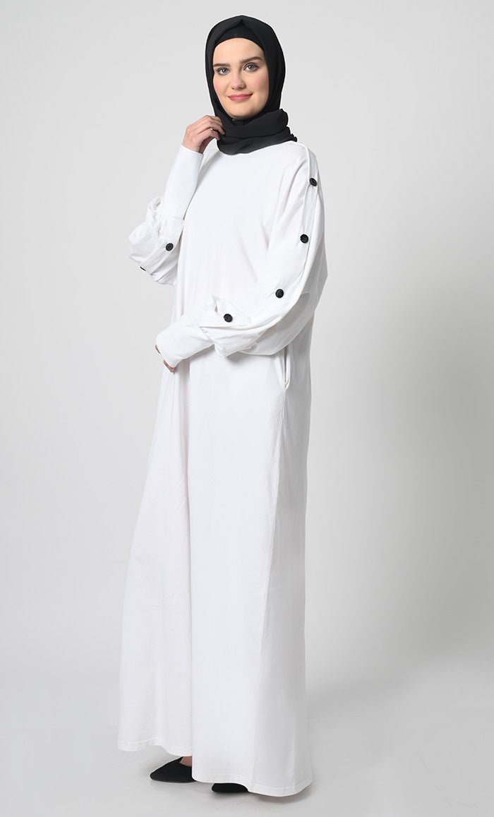 Straight Cut Cotton Jersey Abaya ??Round Neck, Button Cuff Sleeves - EastEssence.com