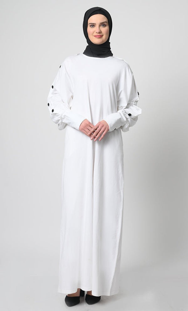 Straight Cut Cotton Jersey Abaya ??Round Neck, Button Cuff Sleeves - EastEssence.com