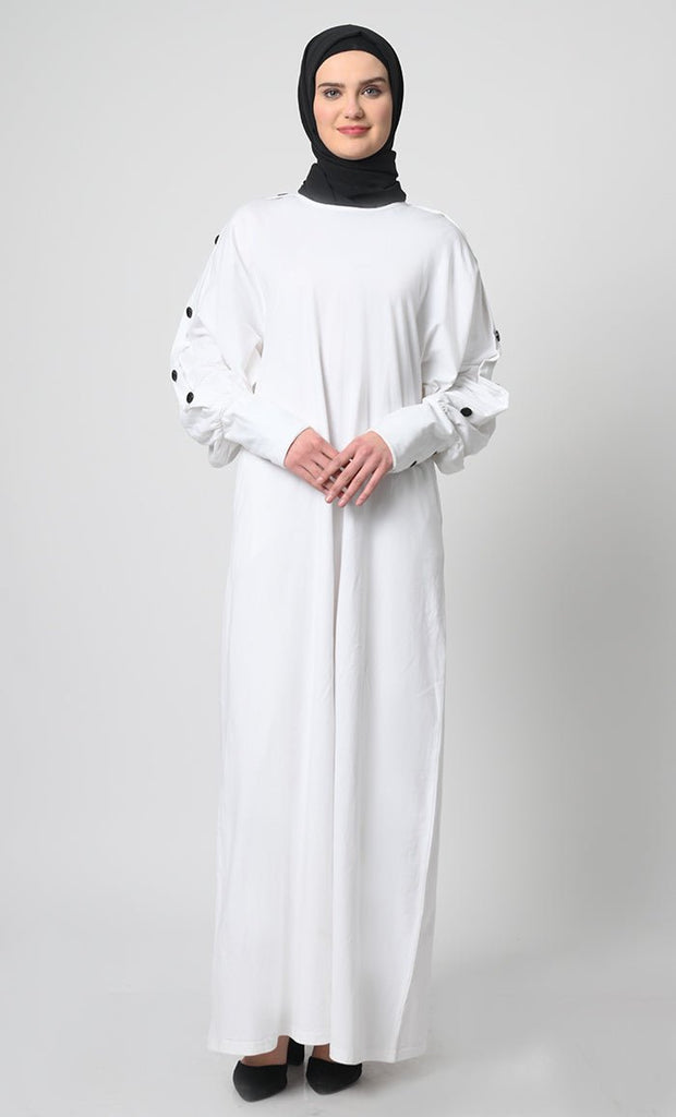 Straight Cut Cotton Jersey Abaya – Round Neck, Button Cuff Sleeves - EastEssence.com