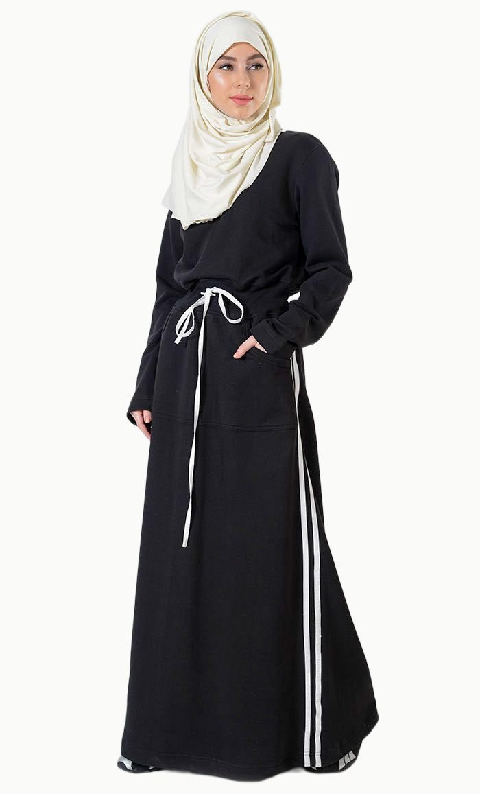 Stripe Fleece Blend Activewear Abaya Dress - EastEssence.com