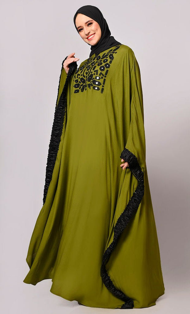 Stunning Mirror Embroidered Black Kaftan with Tassels Detailing - Final Sale - EastEssence.com