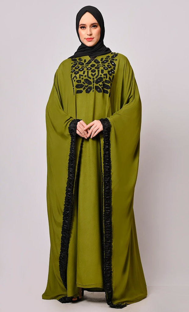 Stunning Mirror Embroidered Black Kaftan with Tassels Detailing - Final Sale - EastEssence.com