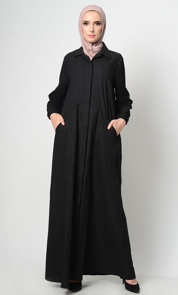 Stylish Button Down Abaya - Black - Final Sale - EastEssence.com