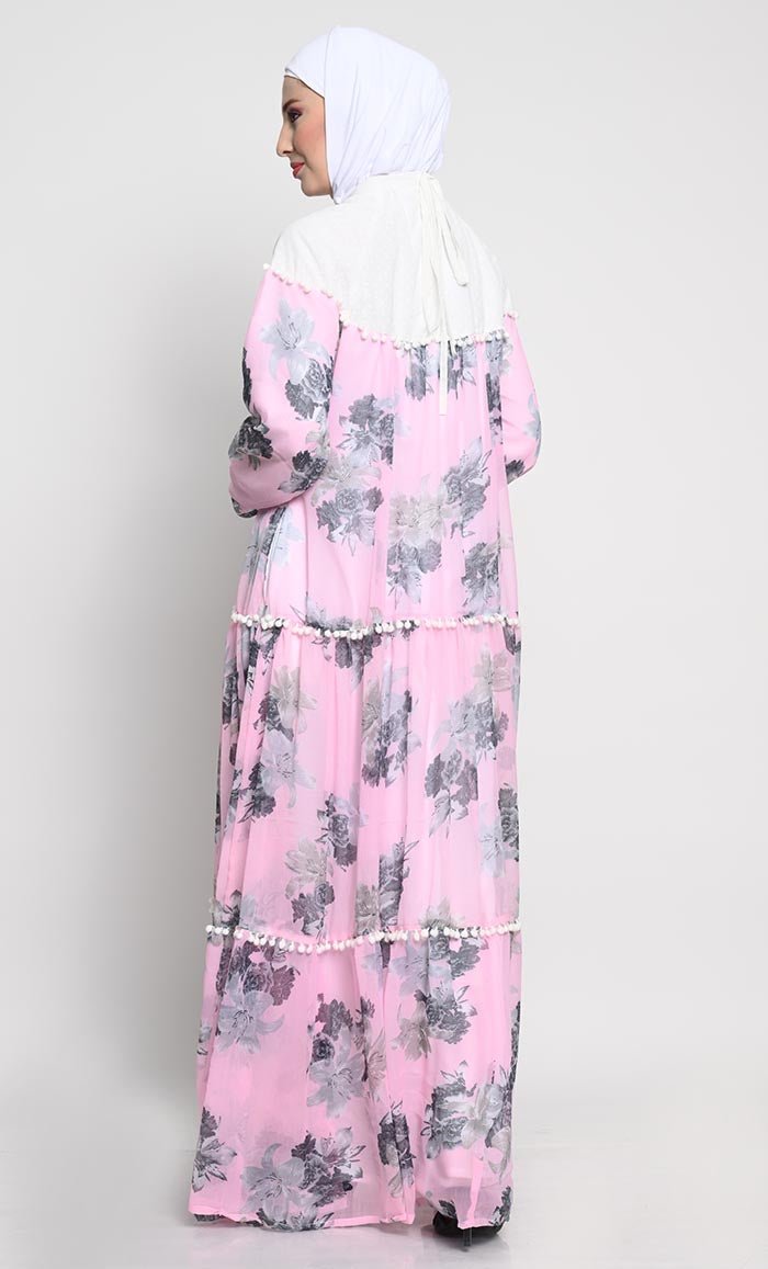 Stylish Chiffon Printed Abaya with Contrast Yoke and Pom Pom Lace Details - EastEssence.com