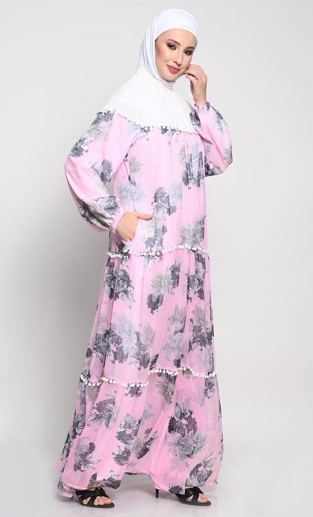 Stylish Chiffon Printed Abaya with Contrast Yoke and Pom Pom Lace Details - EastEssence.com