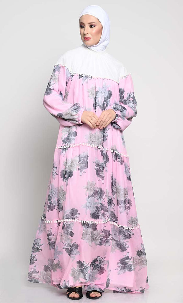 Stylish Chiffon Printed Abaya with Contrast Yoke and Pom Pom Lace Details - EastEssence.com